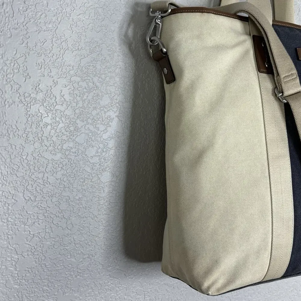 Coach Heritage Web Tote Bag Canvas Leather 16 x 16 Navy Blue Beige
